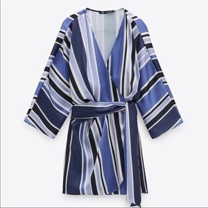 Zara Striped Romper Jumpsuit Wrap Dress Satin Silk